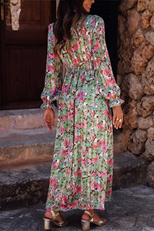CM | Verde estampado floral Cuello en V profundo maxi vestido fruncido con cintura ceñida