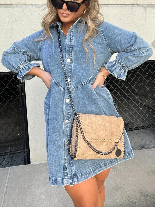 CM | Vestido midi vaquero con cuello vuelto Chic