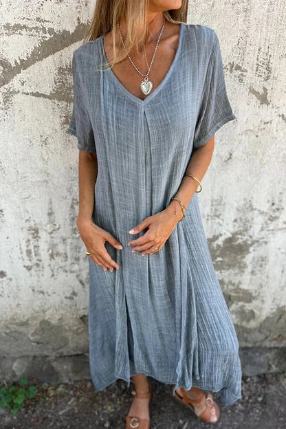 CM | Bayside Bliss vestido midi suelto plisado de manga corta en mezcla de lino