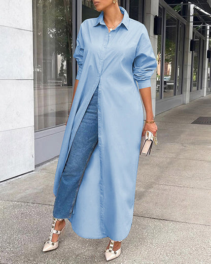 CM | Button Down Maxi Camisas Vestido Manga Larga Cuello V Kaftan Vestido Largo Suelto Abrigo