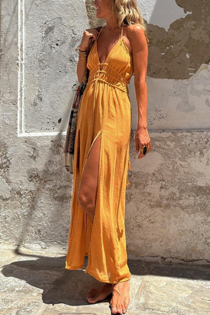CM | Mezcla de lino Cintura elástica Halter Bolsillo sin espalda Abertura Vestido Midi