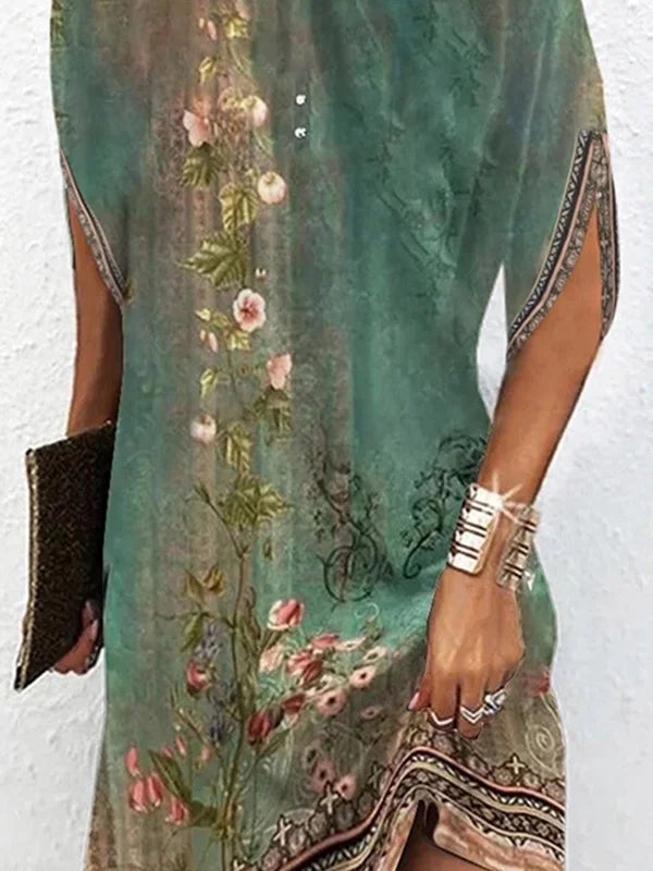 CM | Mangas murciélago Mini vestido suelto con estampado floral y escote redondo