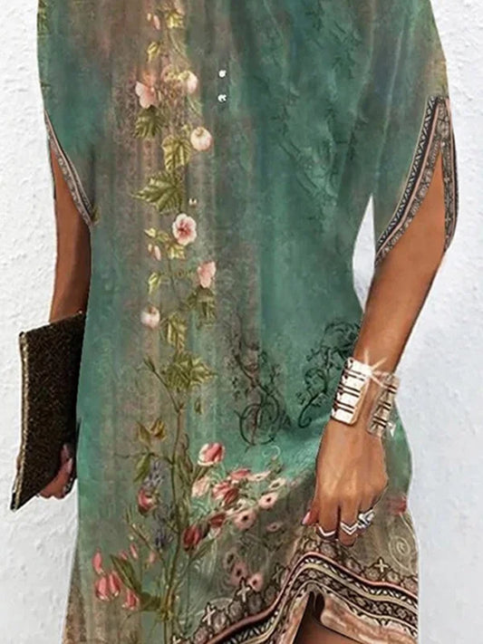 CM | Mangas murciélago Mini vestido suelto con estampado floral y escote redondo