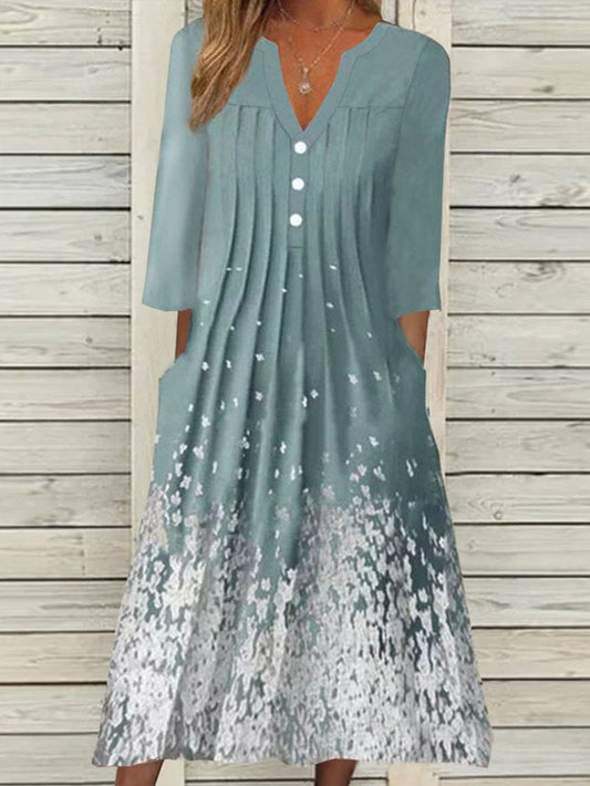 CM | estampado ombre cuello en v manga corta plisada vestido midi de vacaciones QAH29