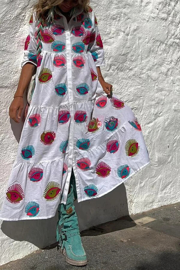CM | Take Me To Cabo Ethnic Unique Print Botón Camisa Suelta Vestido Midi