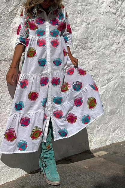CM | Take Me To Cabo Ethnic Unique Print Botón Camisa Suelta Vestido Midi