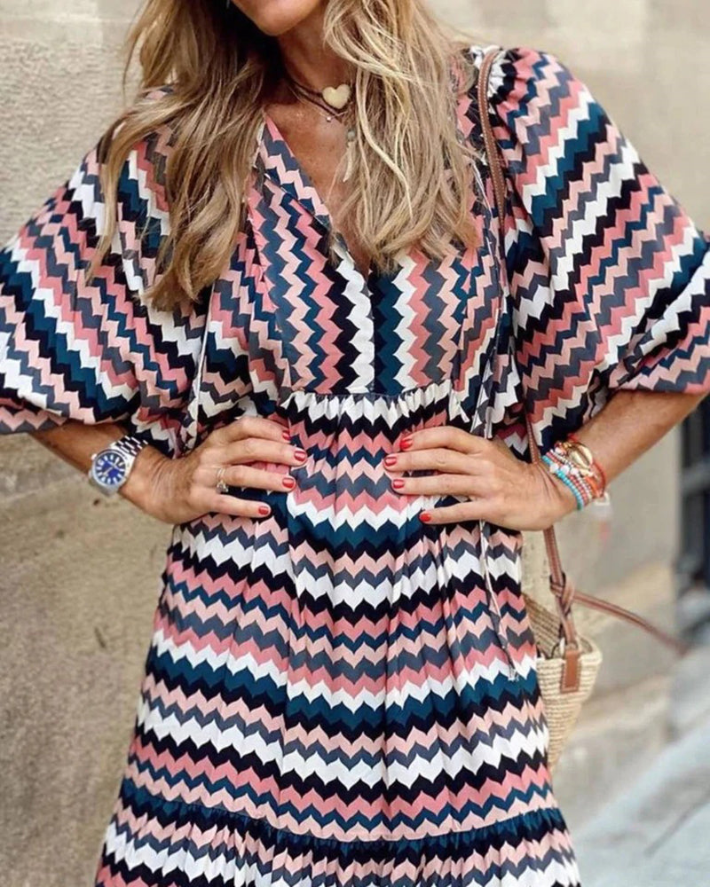 CM | Transpirable manga linterna Floral Imprimir Vestido Largo Suelto Cuello en V Moda Verano Vestido de Playa