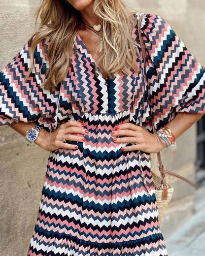 CM | Transpirable manga linterna Floral Imprimir Vestido Largo Suelto Cuello en V Moda Verano Vestido de Playa