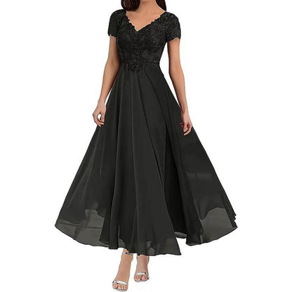 CM | maxi vestido de mujer - corpiño de encaje - escote en V - mangas cortas - falda fluida - ropa formal
