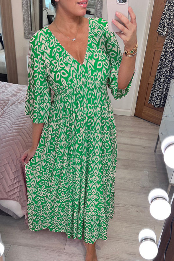 CM | Bohème vestido largo con cuello en V y cintura envolvente y estampado informal