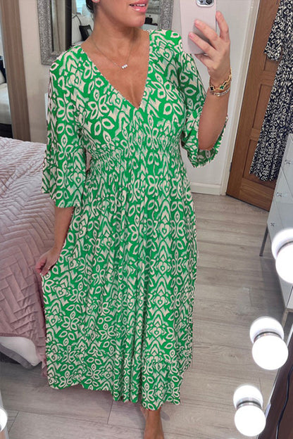 CM | Bohème vestido largo con cuello en V y cintura envolvente y estampado informal