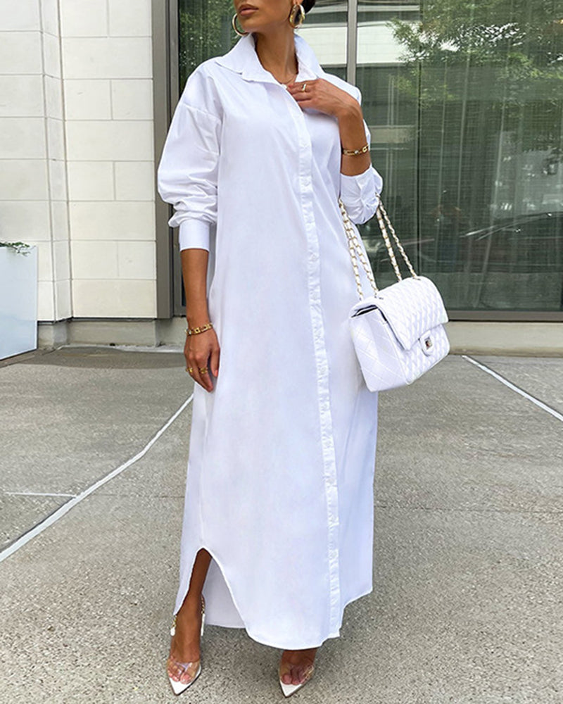 CM | Button Down Maxi Camisas Vestido Manga Larga Cuello V Kaftan Vestido Largo Suelto Abrigo