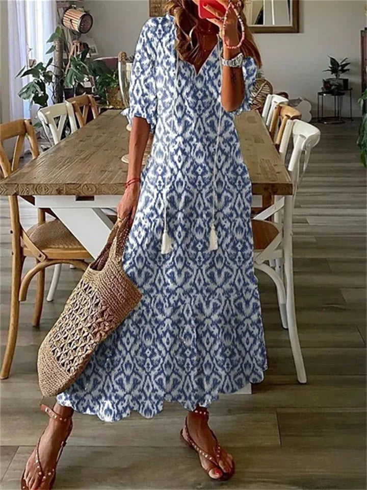 CM | maxi vestido de mujer - estampado floral - material ligero - cuello en V - mangas 3/4 - corte casual