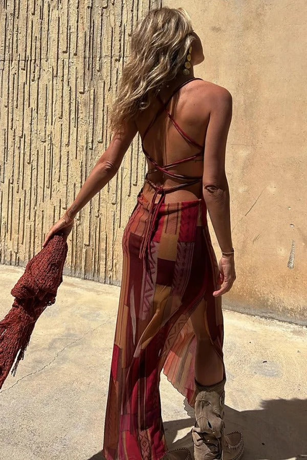CM | Estilo Gitano Impresión Única Cuello Vaca Atrás Encaje Abertura Vestido Midi
