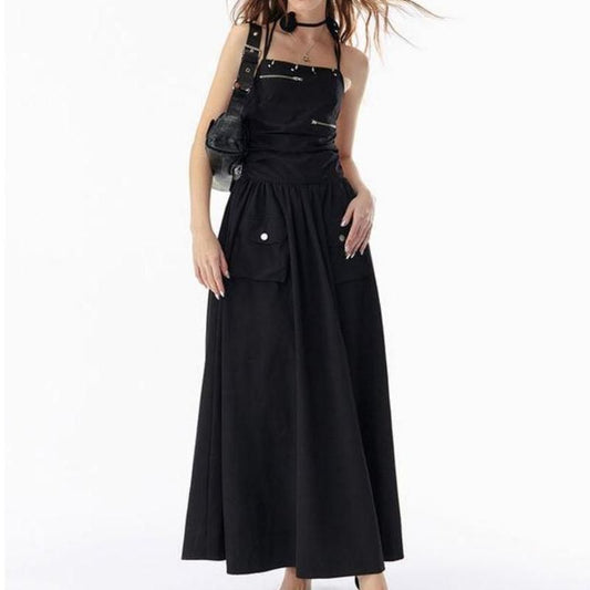 CM | Elegante Básico Negro Sólido Sin Espalda Vendaje Maxi Vestido con Bolsillos