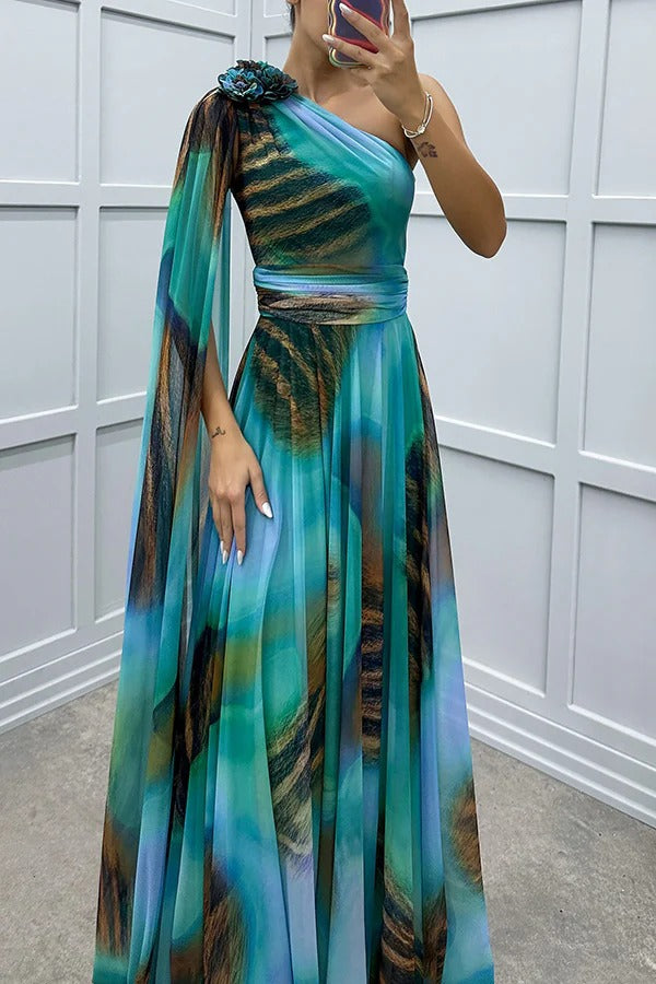 CM | Lucia Impresión única Detalle Floral Un Hombro Vestido Manga Drapeada Maxi Vestido