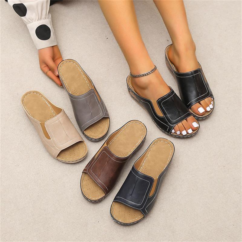 CM | Casual Verano Confort Diario Slip On Sandalias de cuero de color sólido