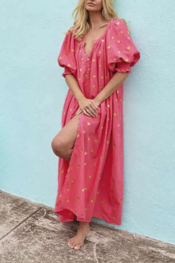 CM | Verano Suelto Impreso Cardigan Manga Corta Vestido Largo