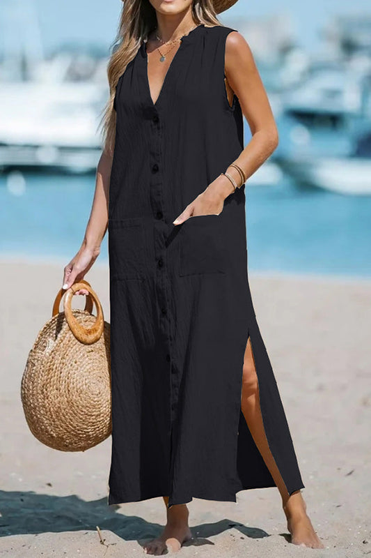 CM | Vestido monocolor sin mangas de algodón y lino con holgado escote en V