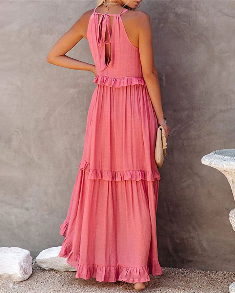 CM | Boho Largo Color Sólido Sin Mangas Halter Ruffle Maxi Vestidos