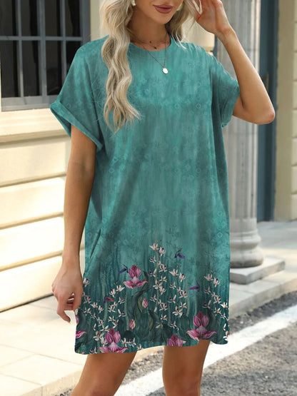 CM | Mini vestido manga corta cuello redondo estampado