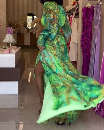 CM | Elegante vestido largo con estampado y cintura imperio