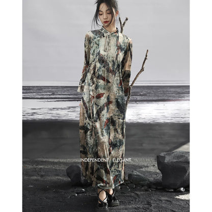 CM | Elegante vestido largo retro de terciopelo oscuro con botones de disco