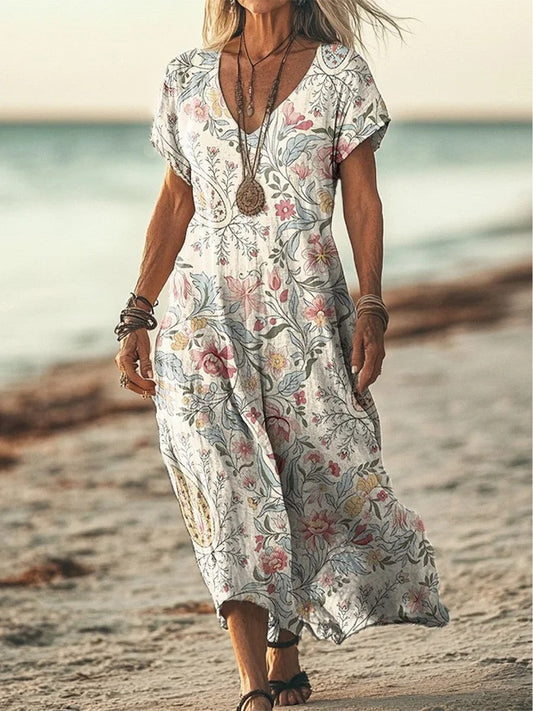 CM | Maxi Vestido de Mujer - Corte Relajado - Estampado Floral Retro - Cuello en V - Mangas Cortas - Bolsillos