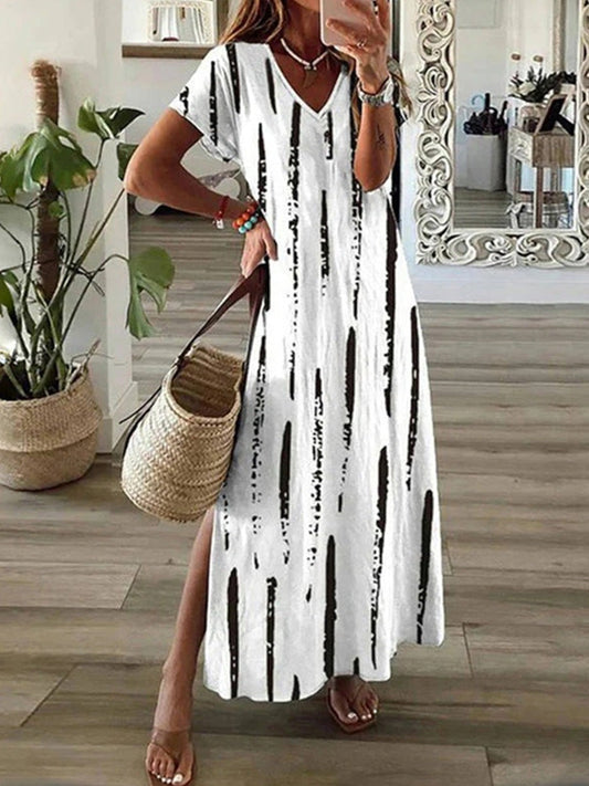 CM | Maxivestido de mujer - Corte relajado - Cuello en pico - Mangas cortas - Mezcla transpirable - A rayas
