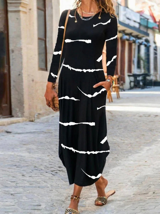 CM | Vestido maxi de mujer - Corte en H - Cuello redondo - Ropa informal de manga larga