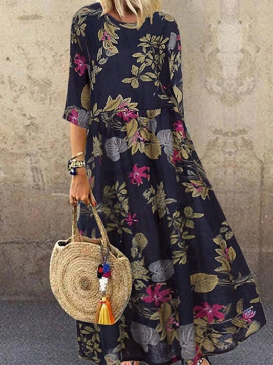 CM | Maxivestido de mujer - Corte relajado - Estampado floral - Media manga - Mezcla transpirable