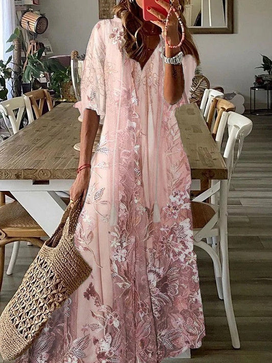 CM | Maxivestido de mujer - Encaje con estampado floral - Corte holgado - Cuello en pico - Media manga Mezcla transpirable