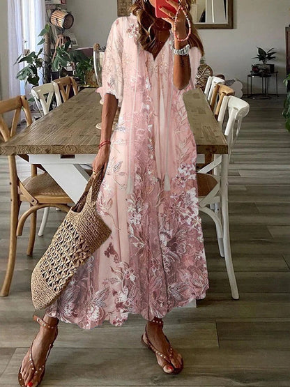 CM | Maxivestido de mujer - Encaje con estampado floral - Corte holgado - Cuello en pico - Media manga Mezcla transpirable