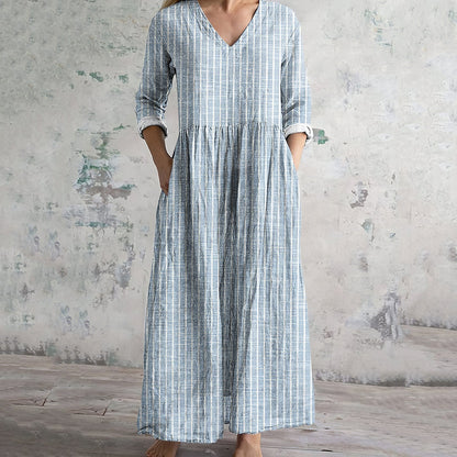 CM | Maxivestido de mujer - Fibras naturales - Corte relajado - Cuello en pico - Mangas largas - A rayas