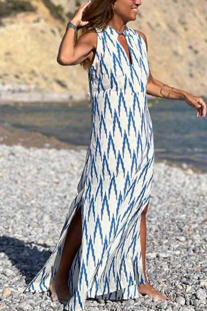 CM | Vestido Largo Casual Sin Mangas Estampado Azul