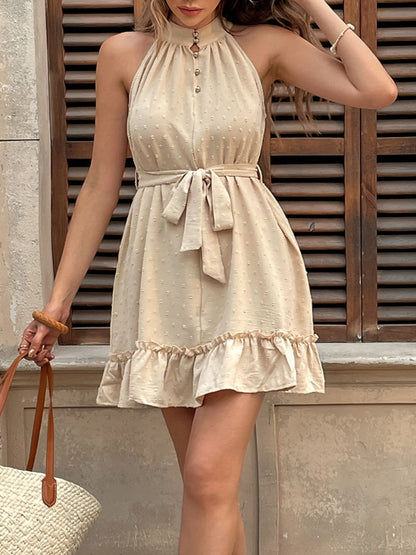 CM | Perfee Swiss Dot mini vestido sin mangas con volantes