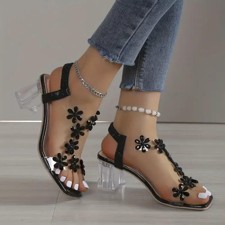 CM | | Sandalias de mujer con flor y tacón de strass