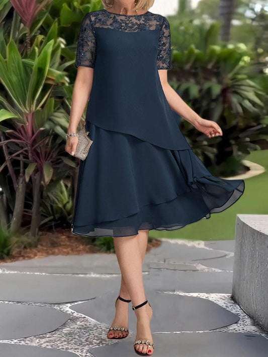 CM | Vestido midi azul marino monocolor de manga corta