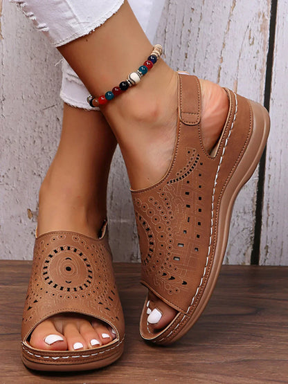 CM | - Sandalias vintage con estampado étnico y perforación hueca con cierre de velcro