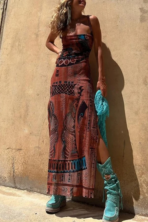 CM | Estilo Gitano Impresión Única Cuello Vaca Atrás Encaje Abertura Vestido Midi