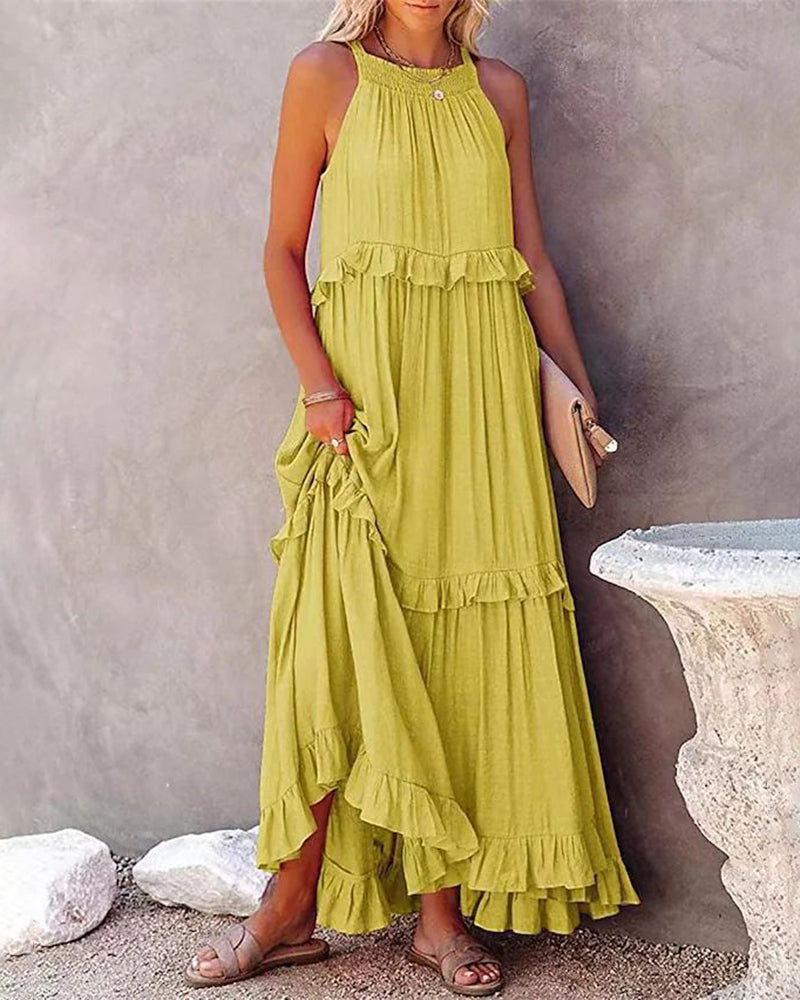 CM | Boho Largo Color Sólido Sin Mangas Halter Ruffle Maxi Vestidos