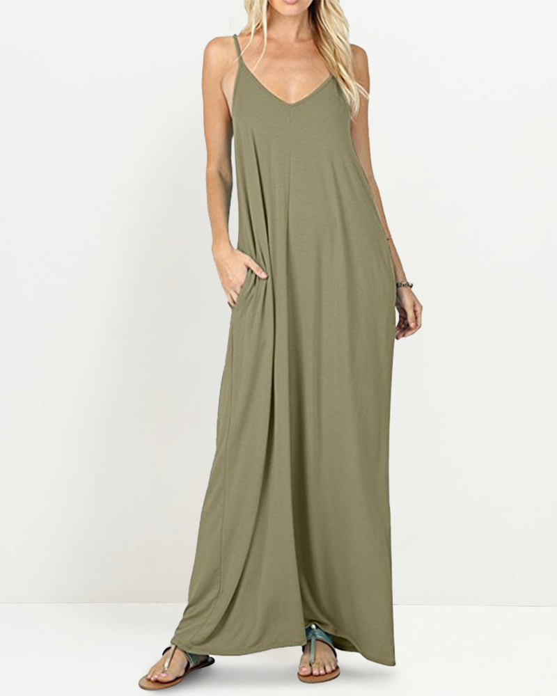CM | Casual Fluye Bolsillos Suelta Playa Sin Mangas Cami Maxi Vestidos