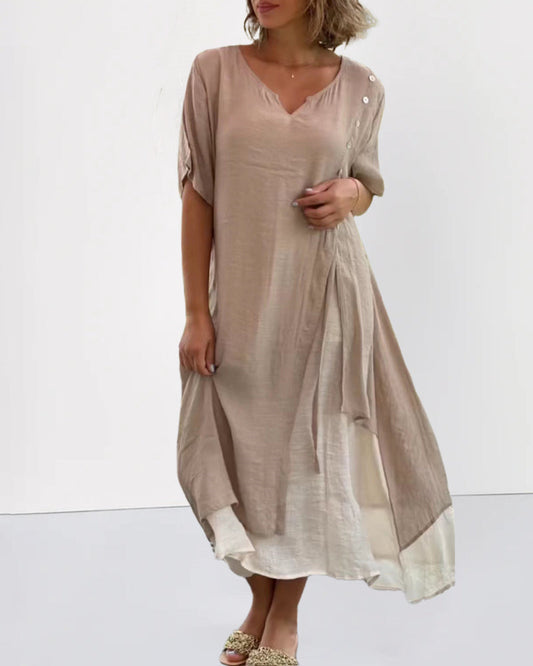 CM | Asimétrico Verano Cuello en V Manga Corta Patchwork Split Loose Casual Tobillo Longitud Vestido Largo