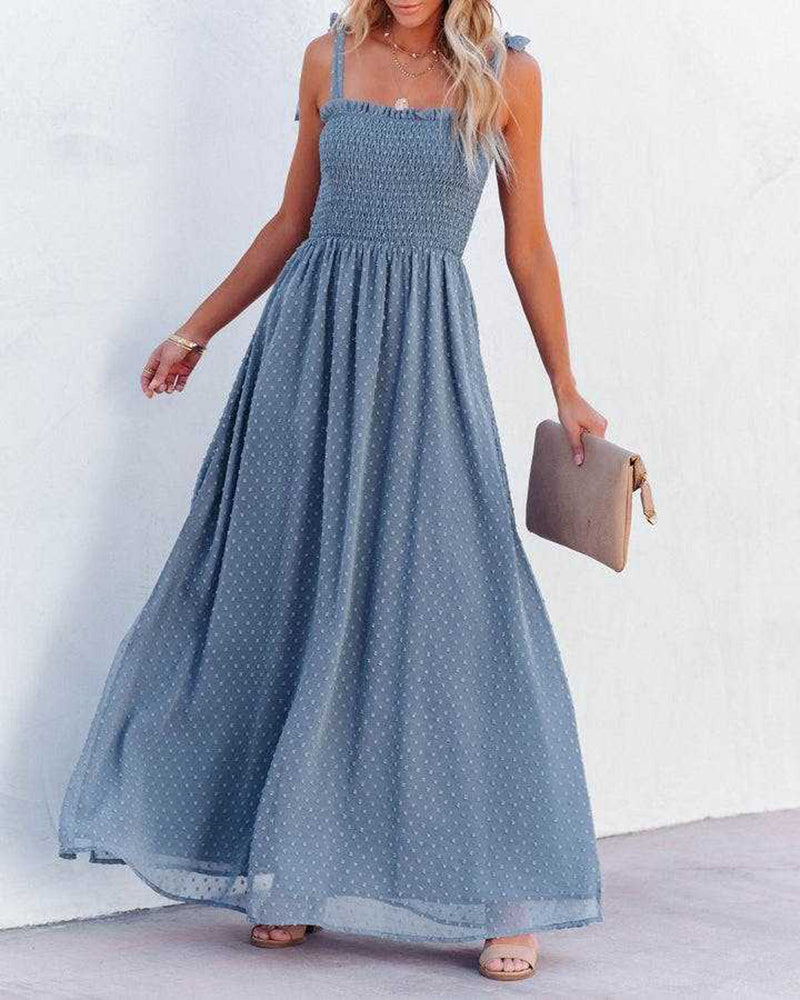 CM | Boho Espagueti Correa Cuello Cuadrado Lunares Bengala Playa Maxi Vestido