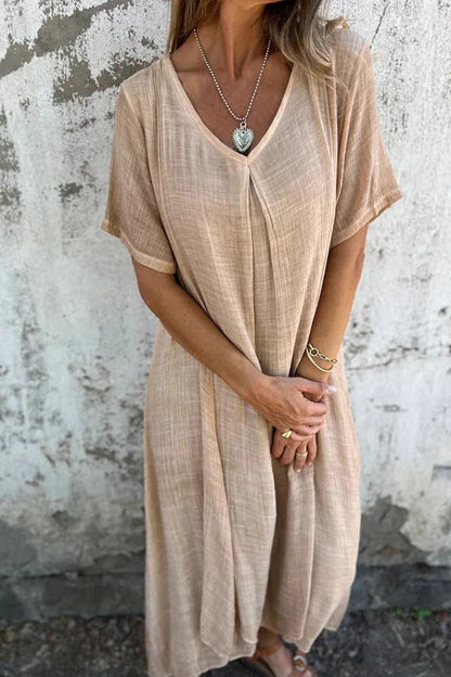 CM | Bayside Bliss vestido midi suelto plisado de manga corta en mezcla de lino