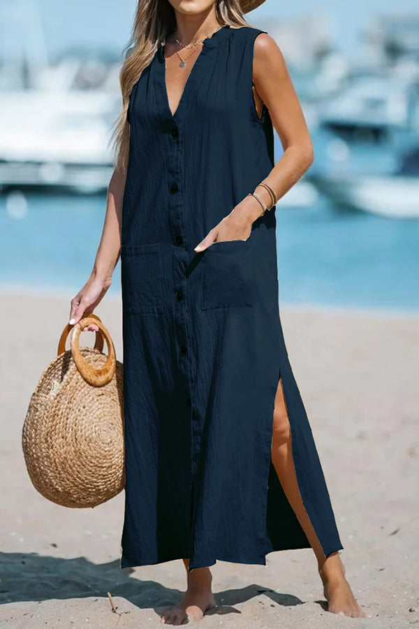 CM | Vestido monocolor sin mangas de algodón y lino con holgado escote en V