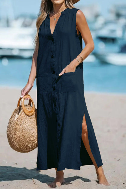 CM | Vestido monocolor sin mangas de algodón y lino con holgado escote en V