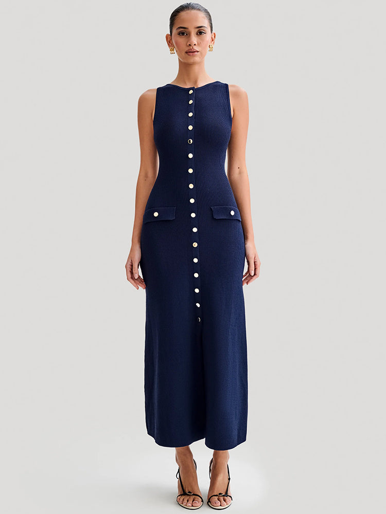 CM | Elegante maxi vestido abotonado sin mangas para mujer