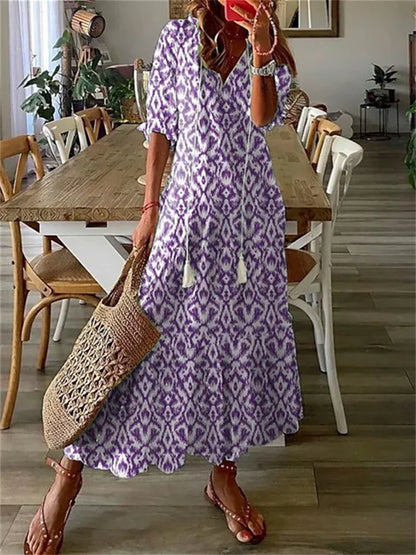 CM | maxi vestido de mujer - estampado floral - material ligero - cuello en V - mangas 3/4 - corte casual