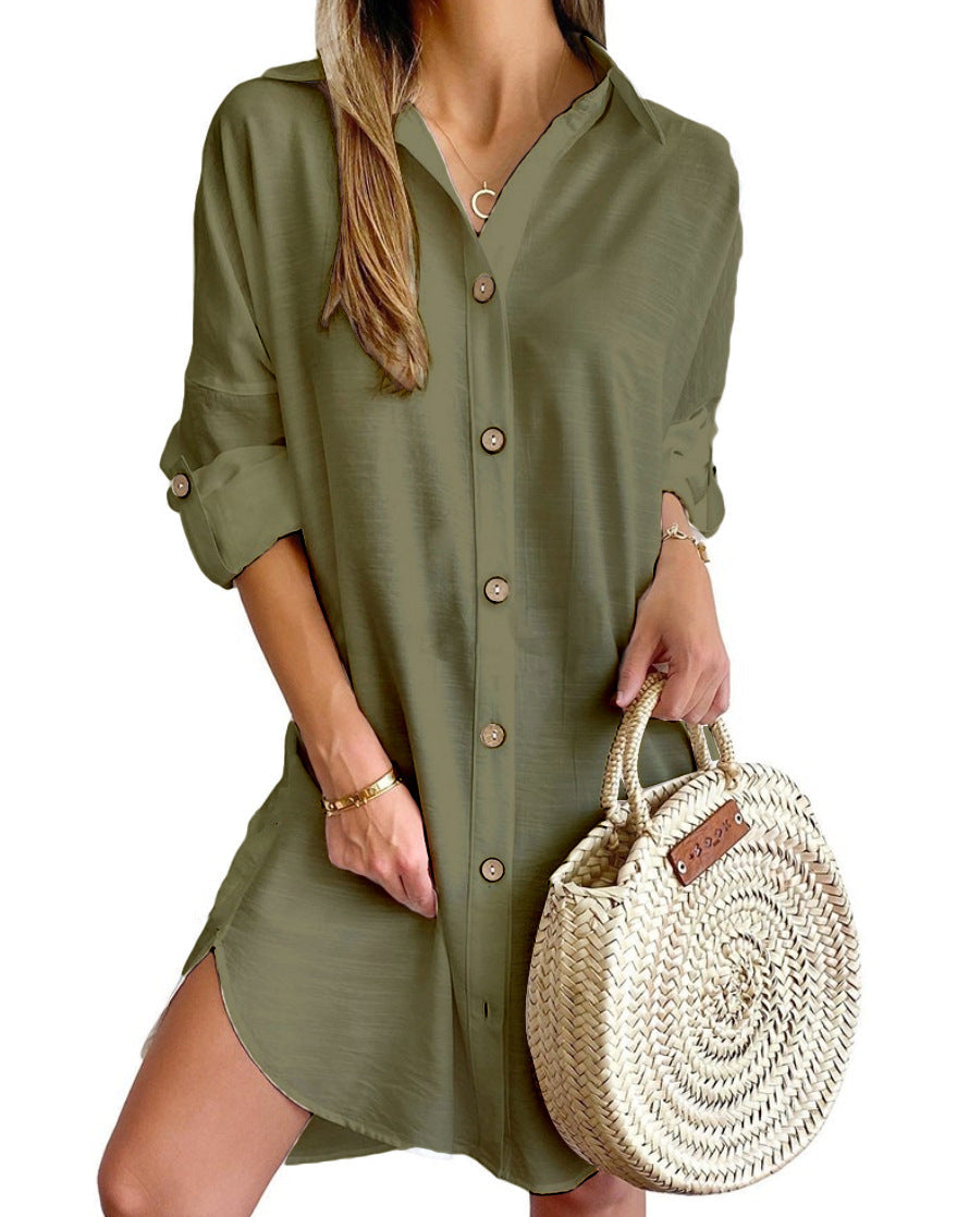 CM | vestido camisero de manga larga con solapa monocolor
